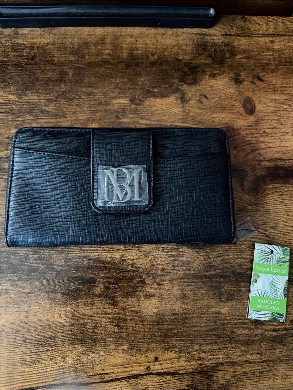 Badgley Mischka Black Vegan Leather Snap Wallet with Silver Logo Plaque
